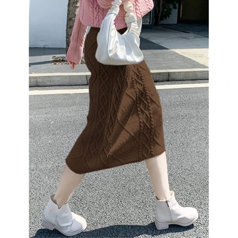 NEW Brown Cable Knit Stretchy Bodycon Midi Sweater Skirt